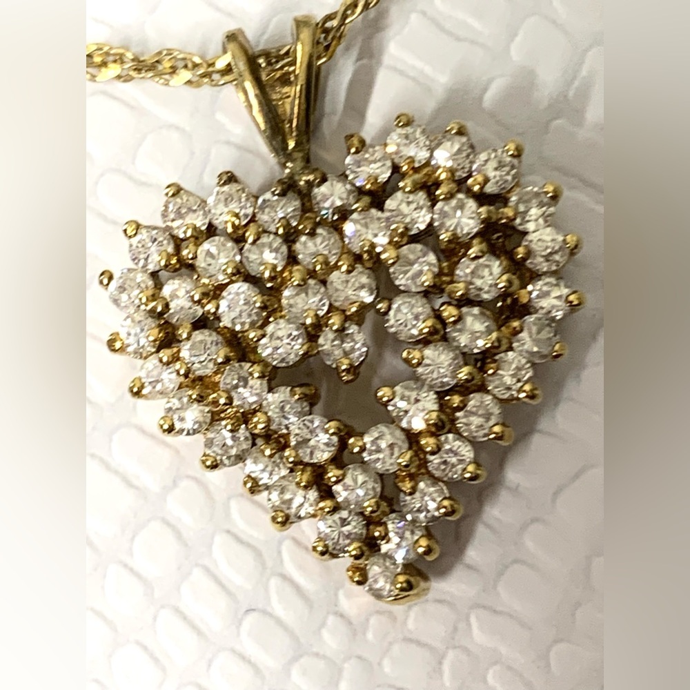 VintageSigned 925 Sterling Silver Gold Plated CZ Heart Pendant / Necklace